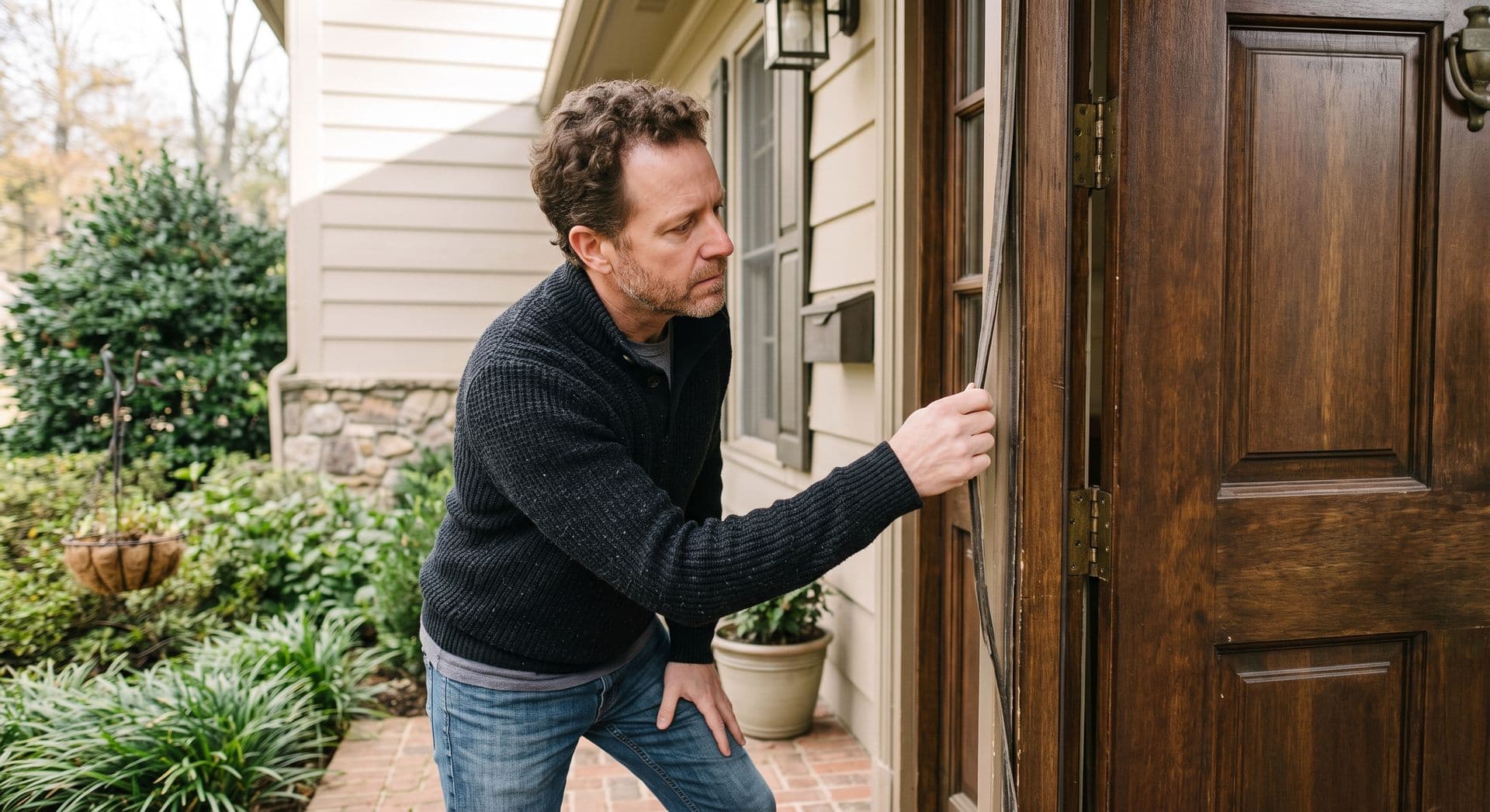 homeowner inspecting exterior door