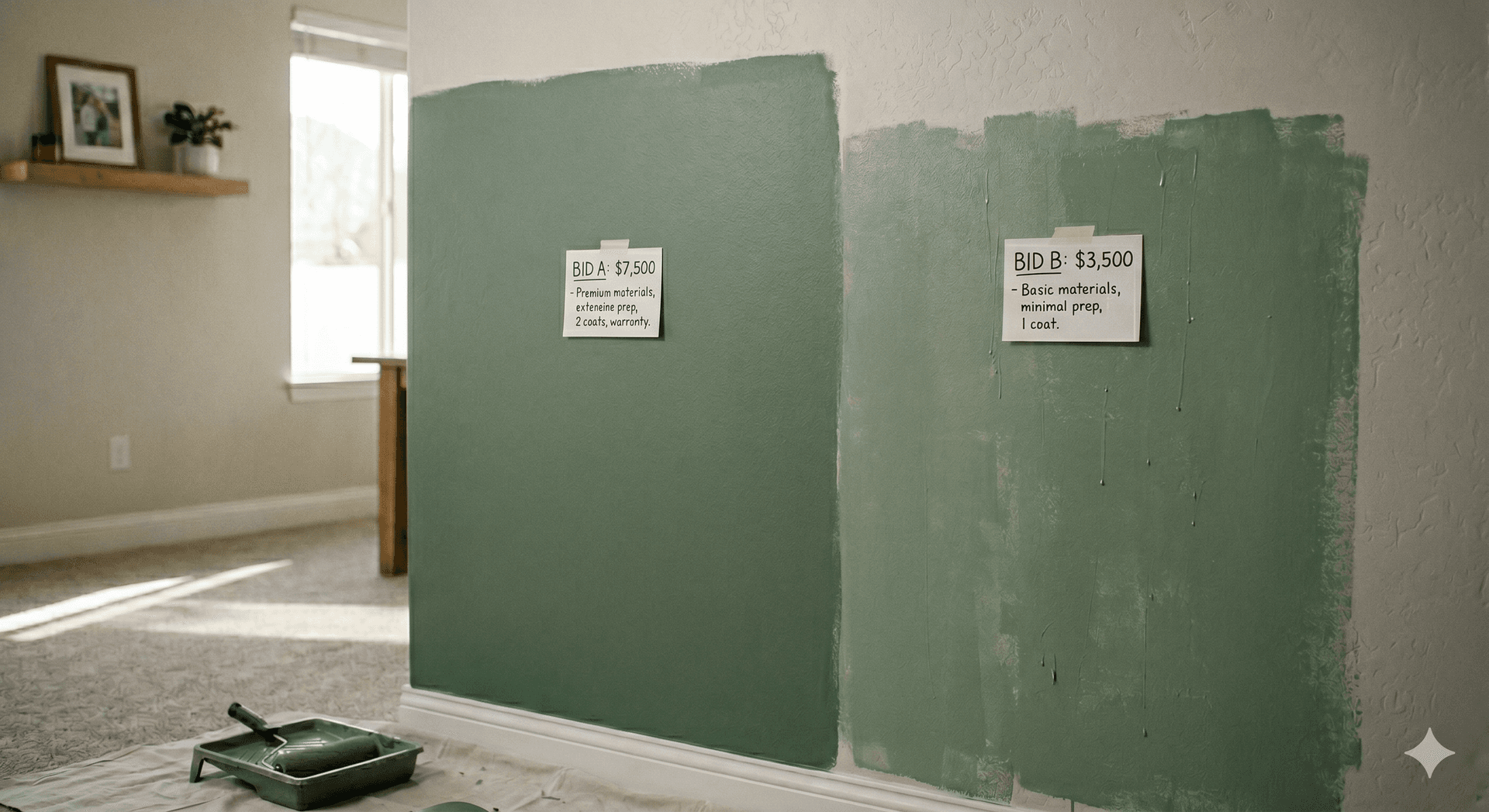 Paint on wall with one section well painted the other poorly painted